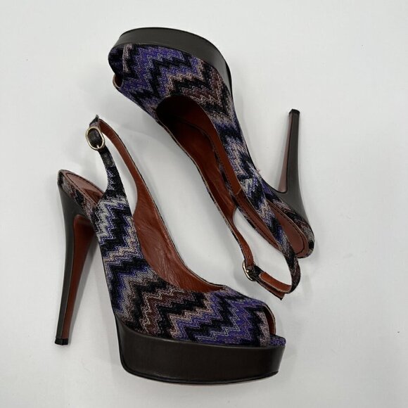 Missoni Multicolor Knit Slingback Peep Toe Heels - Picture 4 of 12